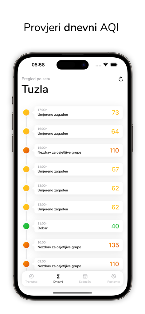 Zrak - Tela de smartphone mostrando dados diários do índice de qualidade do ar para Tuzla no aplicativo Zrak
