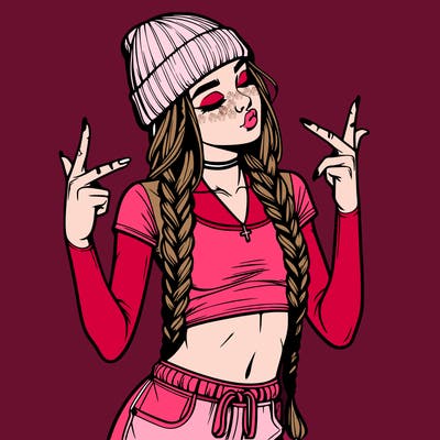 realistic teenage girl with braids and a beanie and crop top doing 🫶🏼