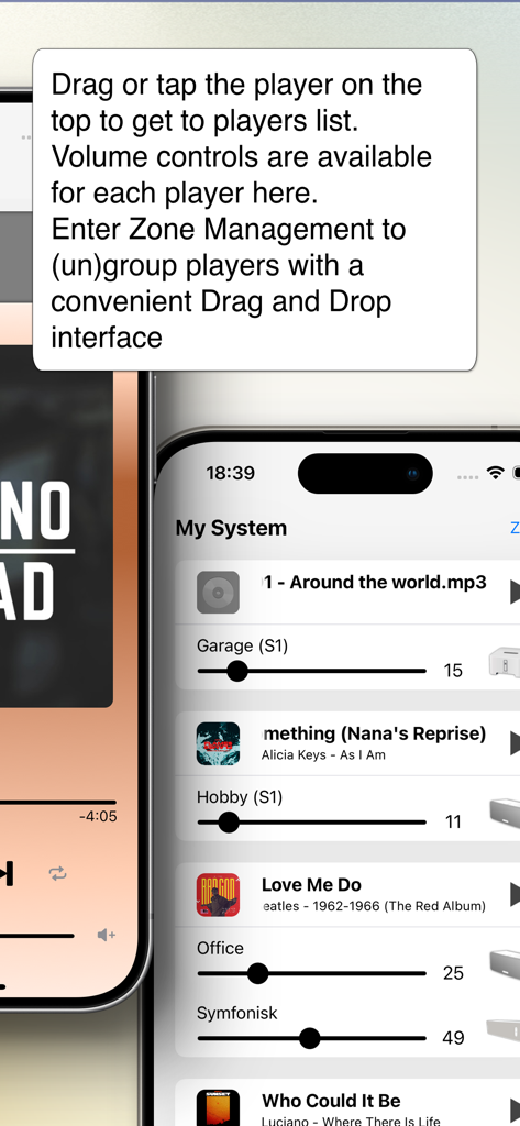 SonoPhone for Sonos - Interface of the SonoPhone app showing a list of Sonos speakers with individual volume sliders for multi-room management.