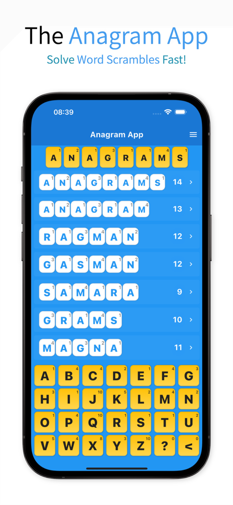 Interface de l'application Résolveur d'anagrammes montrant les résultats de mots décryptés et les valeurs en points