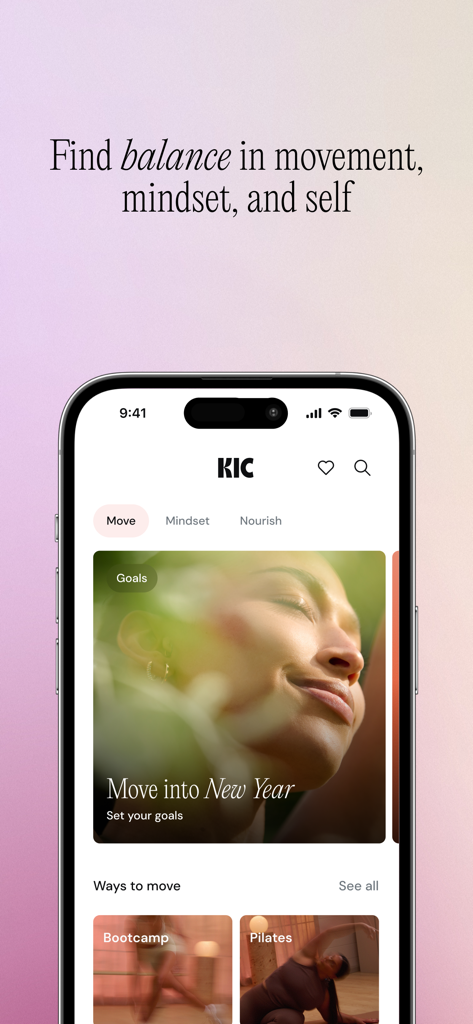 The home screen of the KIC Wellness app showing features for movement, mindset, and nourishment.