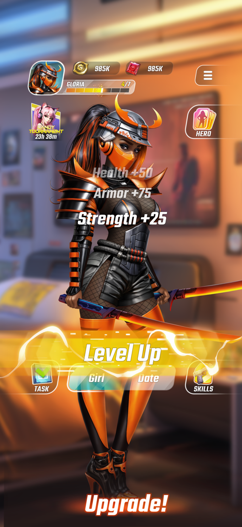 Tela de nível da personagem Gloria no jogo mobile Guns and Girls