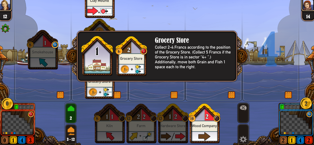 Gameplay view of Le Havre The Inland Port showing the Grocery Store card description and harbor background