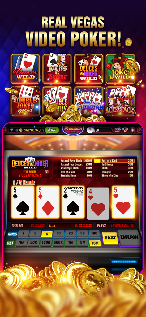 Vegas Live Slots Casino - Una pantalla de juegos de video póker en la aplicación móvil Vegas Live Slots Casino con variaciones de Deuces Wild y Joker Wild.