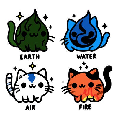 4 cats that represent the different elements, earth, water, air, and fire