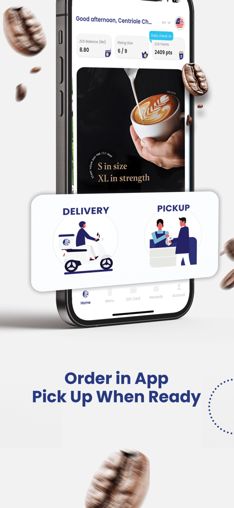 ZUS Coffee app interface on a smartphone screen showing delivery and pickup options