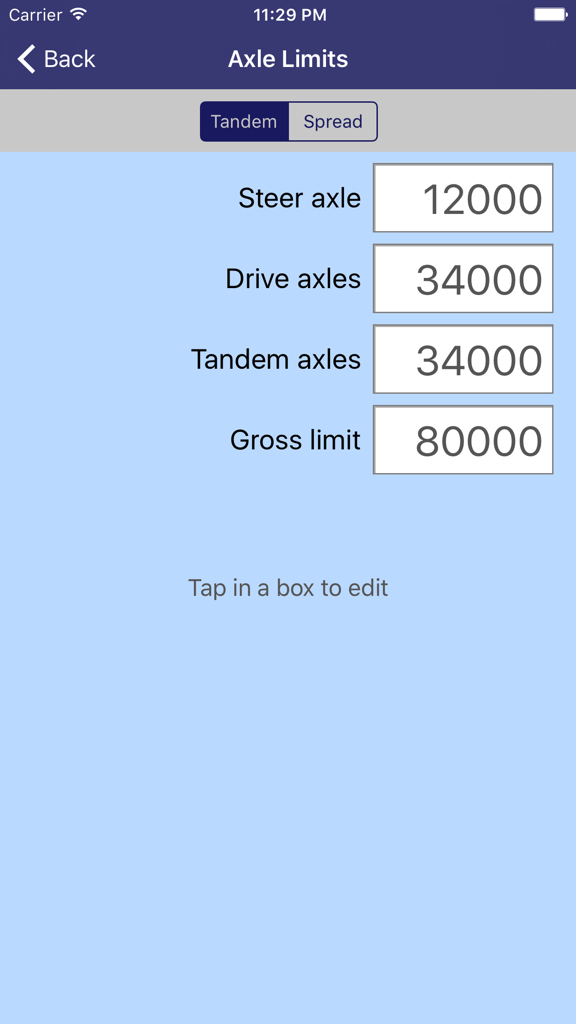 Settings screen in the Truck Scale Calculator app for defining steer, drive, tandem, and gross weight limits