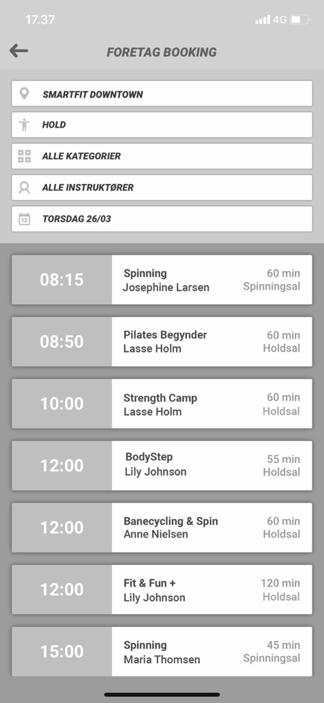 Sport Solution Booking - List of fitness classes with booking times and instructors