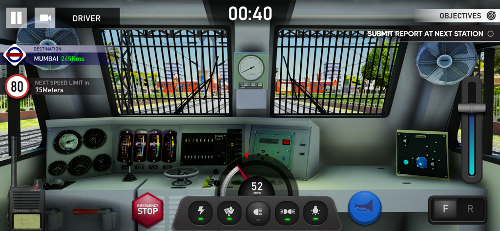 First-person view of a detailed locomotive driver cabin in Indian Train Simulator