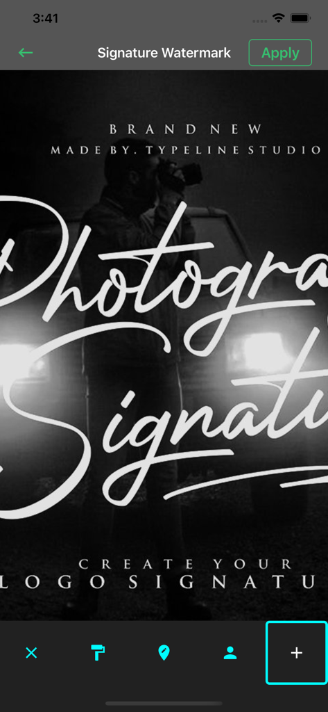 Add Watermark on Photos,Videos - Interfaccia di un'app mobile per la creazione e l'applicazione di una filigrana di firma a un'immagine fotografica.