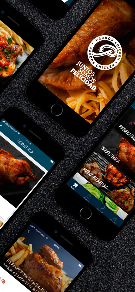 Multiple smartphone screens displaying the Pardos Chicken app interface with Peruvian rotisserie chicken and menu options.