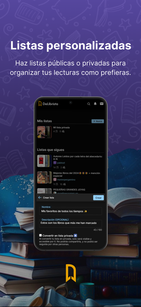 DeLibrista - DeLibrista app interface for creating and managing personalized public and private book lists