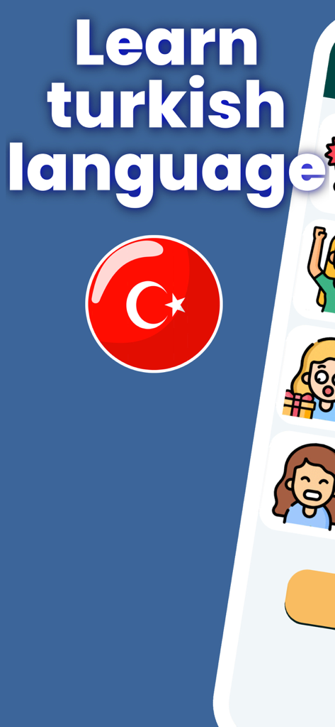 Écran d'introduction de l'application Learn Turkish Language présentant le drapeau turc et des personnages illustrés