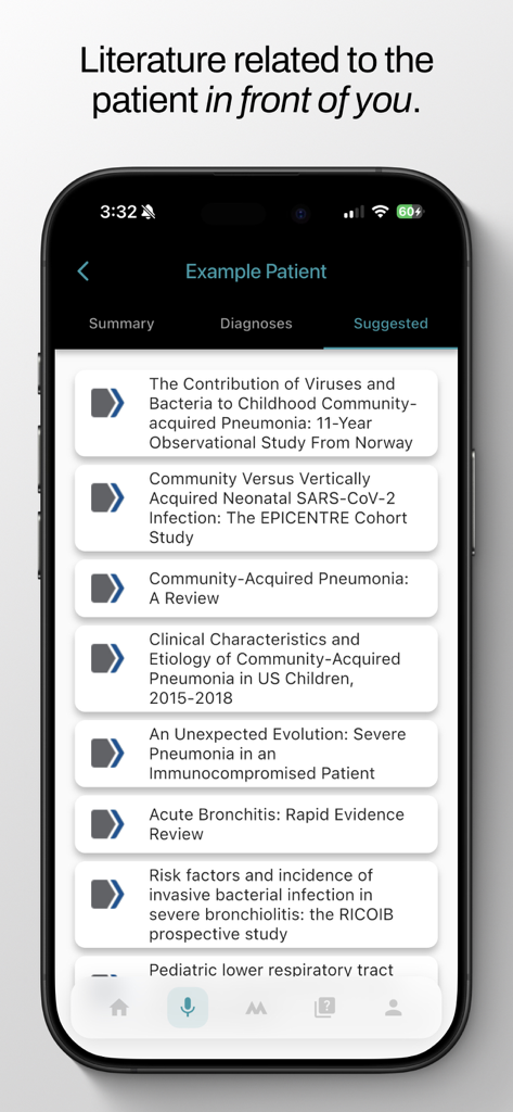 The medr app interface displaying a list of suggested medical research papers and clinical literature related to a patient case.