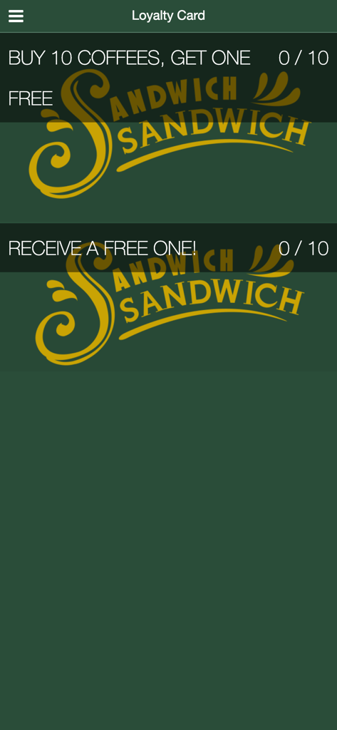 Sandwich Sandwich - Digital loyalty card screen in the Sandwich Sandwich app showing rewards for coffee and free items.