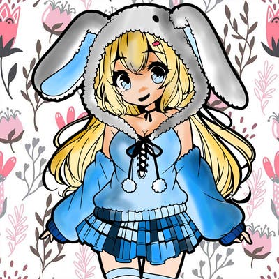 pretty anime girl wearing a fluffy hoodie with bunny ears on the hood and a skirt