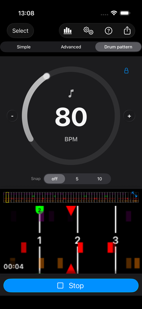 Perfect Timing - Interface of the Perfect Timing app featuring a drum pattern mode at 80 BPM with visual rhythm markers.