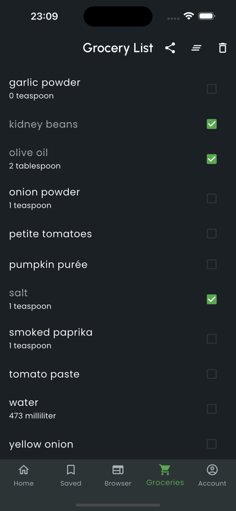 A digital grocery list in the Only Recipe app featuring various food ingredients and quantities with checkboxes in a dark mode interface