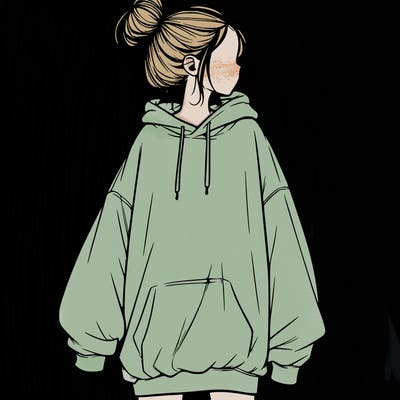 realistic girl with a oversized sweatshirt on and a bun