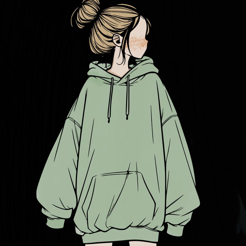 realistic girl with a oversized sweatshirt on and a bun