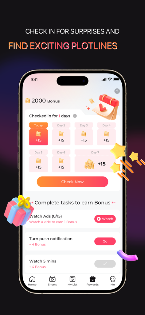 CrushTV - Short & Drama - Tela de recompensas do aplicativo CrushTV mostrando um calendário de check-in diário e tarefas para ganhar bônus como assistir a anúncios e ativar notificações