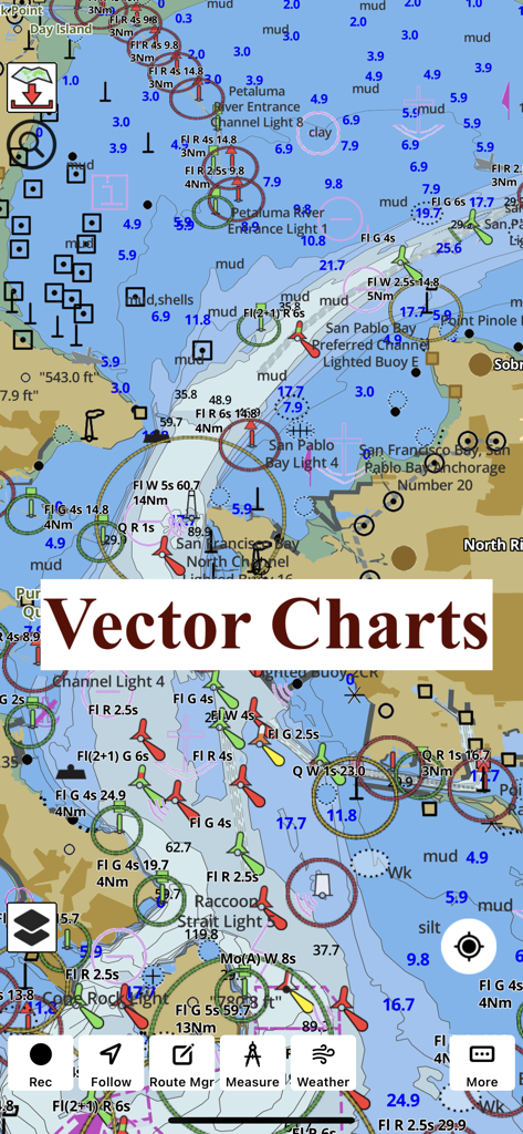 A detailed marine vector navigation chart of San Francisco Bay within the i-Boating app interface.