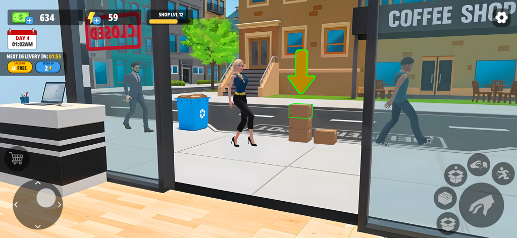 My Makeup Shop Simulator - A character receiving delivery boxes outside the makeup shop boutique.