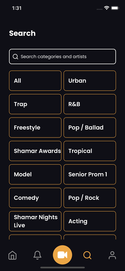 Shamar - Search interface of the Shamar app showing a search bar and various talent categories like Urban, Trap, R&B, and Acting.