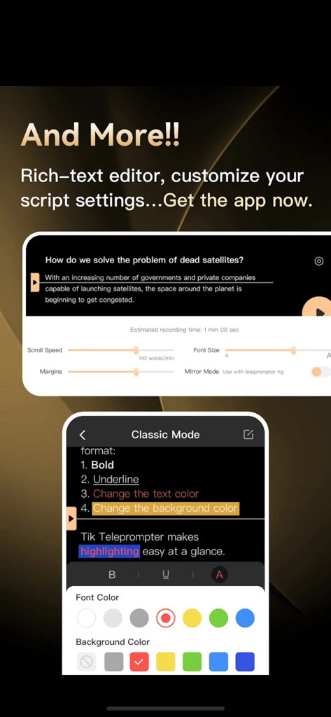 Interface of the BigV Teleprompter app showing script customization options including rich text editing scroll speed and font size settings