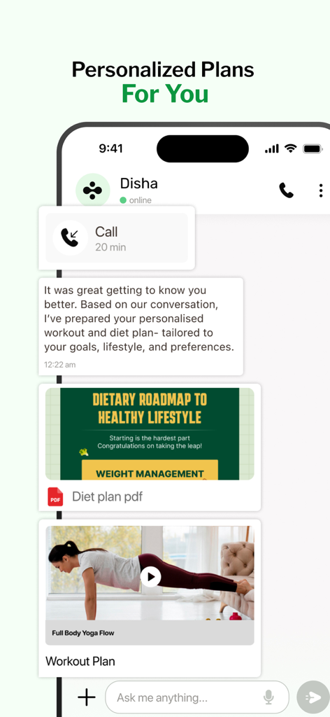 Disha AI Health Coach app interface showing personalized diet and workout plans within a chat session