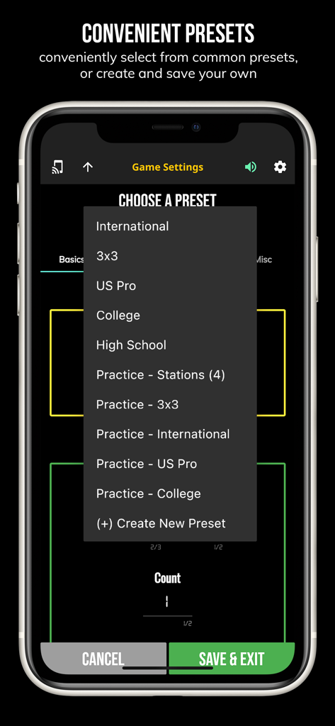 BT Basketball Shotclock - A menu in the BT Basketball Shotclock app showing common game presets like US Pro College and High School