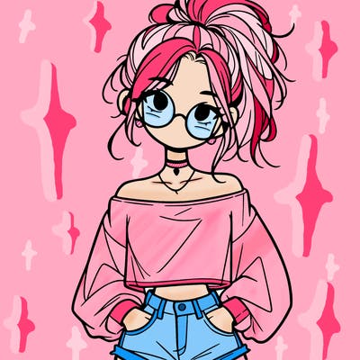 girl with a messy ponytail glasses a baggy crop top and jean shorts