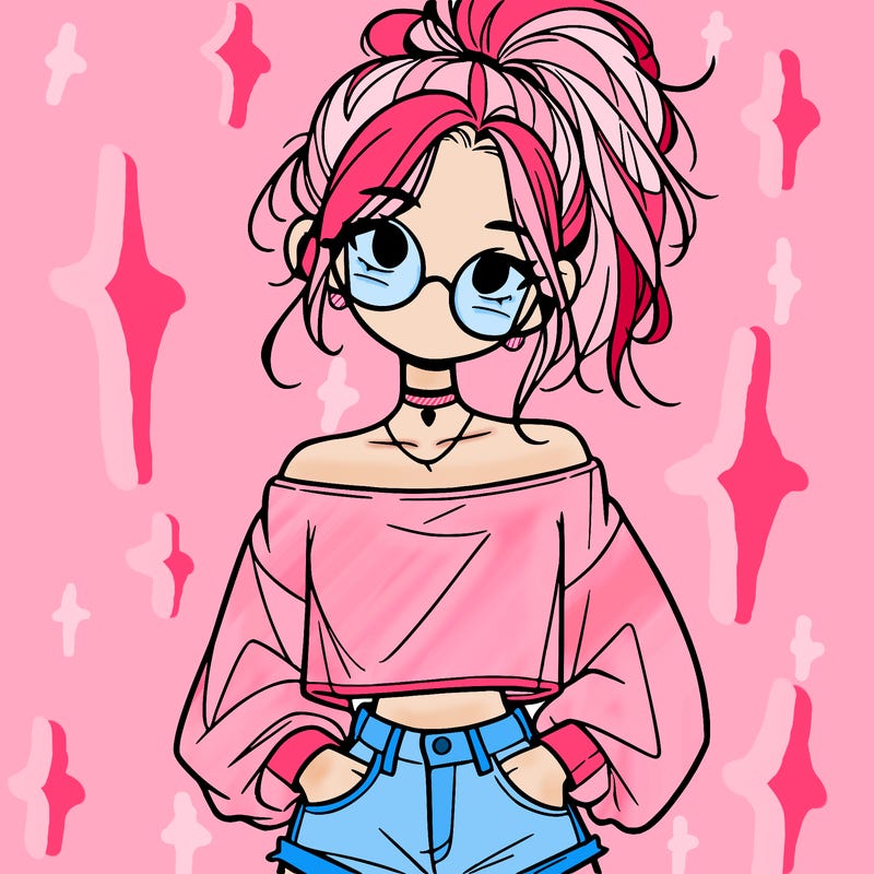 girl with a messy ponytail glasses a baggy crop top and jean shorts