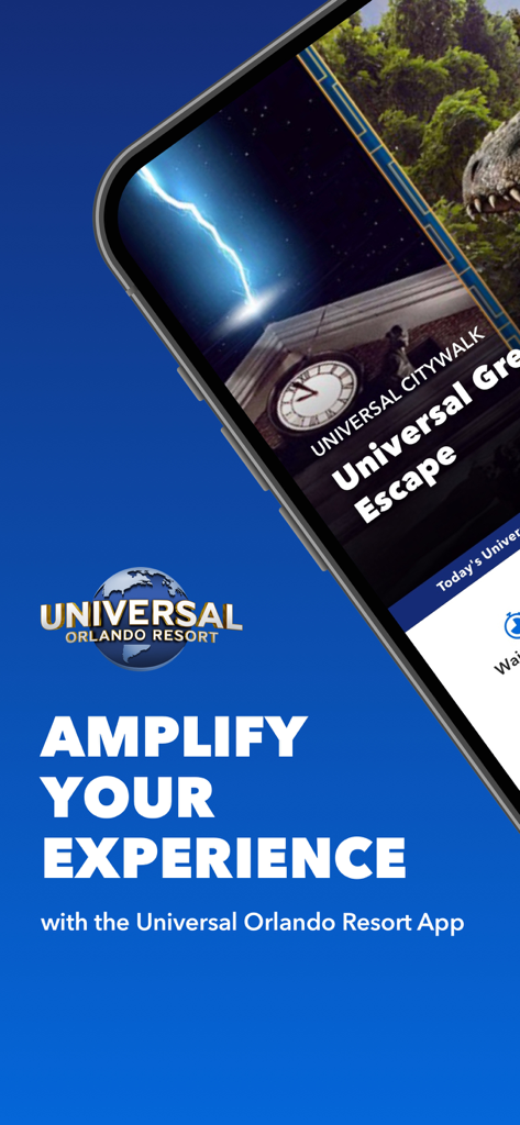 Promotional screen for the Universal Orlando Resort mobile app with the text Amplify Your Experience
