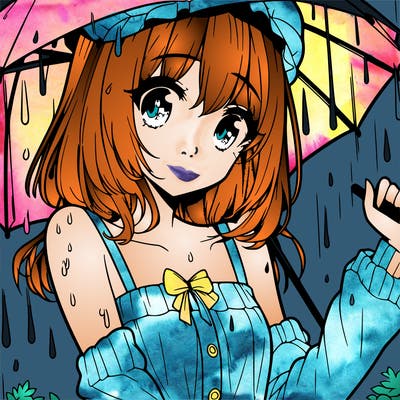 pretty anime girl in the rain