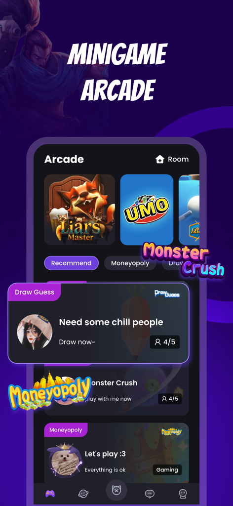 E-Pal app interface showing the minigame arcade with various social games like UMO and Moneyopoly