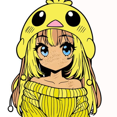 anime girl with chick shaped hat with sweater with bare shoulders with bangs covering them one eye with low tail