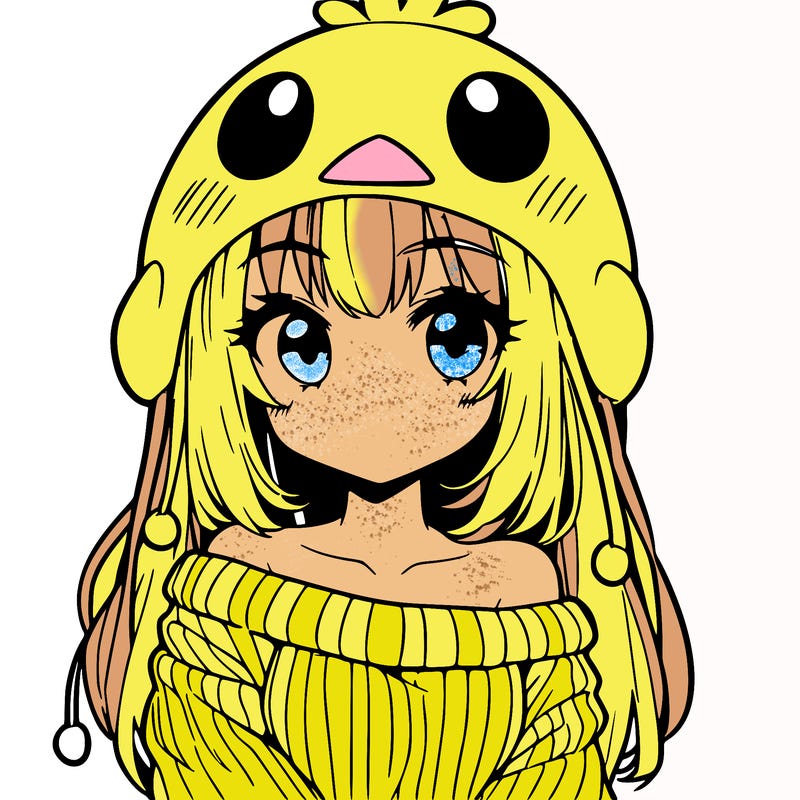 anime girl with chick shaped hat with sweater with bare shoulders with bangs covering them one eye with low tail