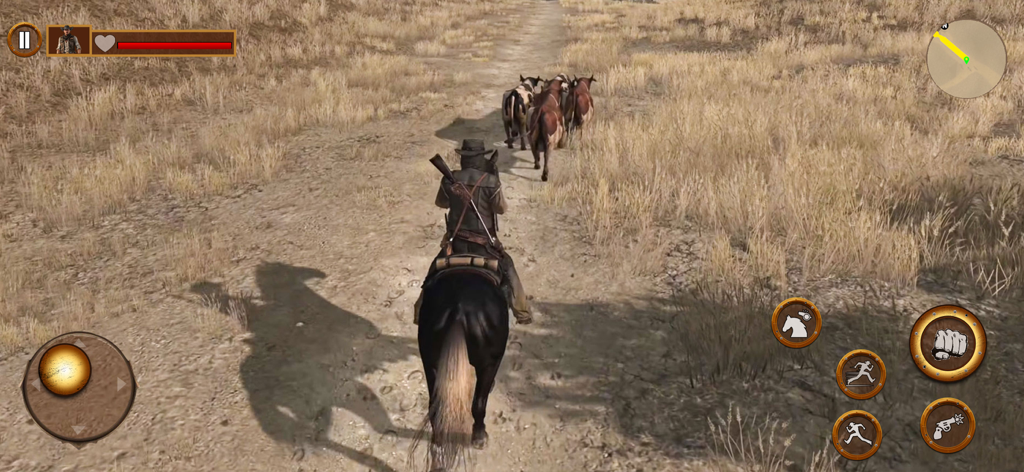 Un vaquero montando a caballo y arreando ganado en el mundo abierto del Lejano Oeste.