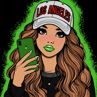 realistic beautiful girl wearing los ángeles cap holding an iphone