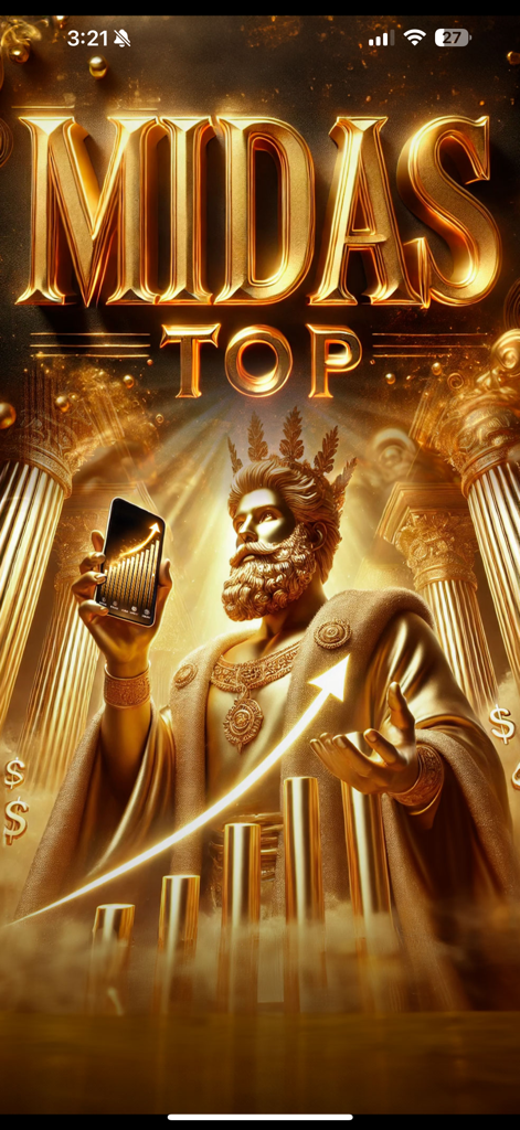 Midas Top - Golden king holding a smartphone with rising stock market graphs in the Midas Top app