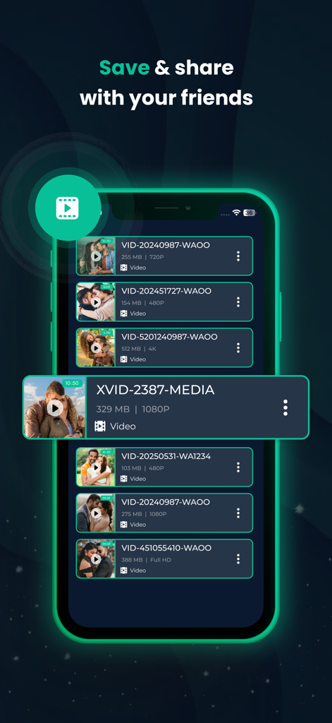 X Video Downloader - HD Player - A mobile interface of the X Video Downloader app displaying a list of downloaded videos in various resolutions like 4K and 1080P with a focus on saving and sharing.