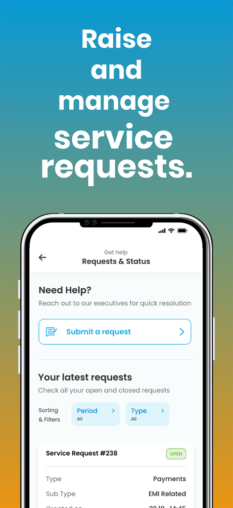 Club Mahindra mobile app interface for raising and managing service requests including payment and EMI status