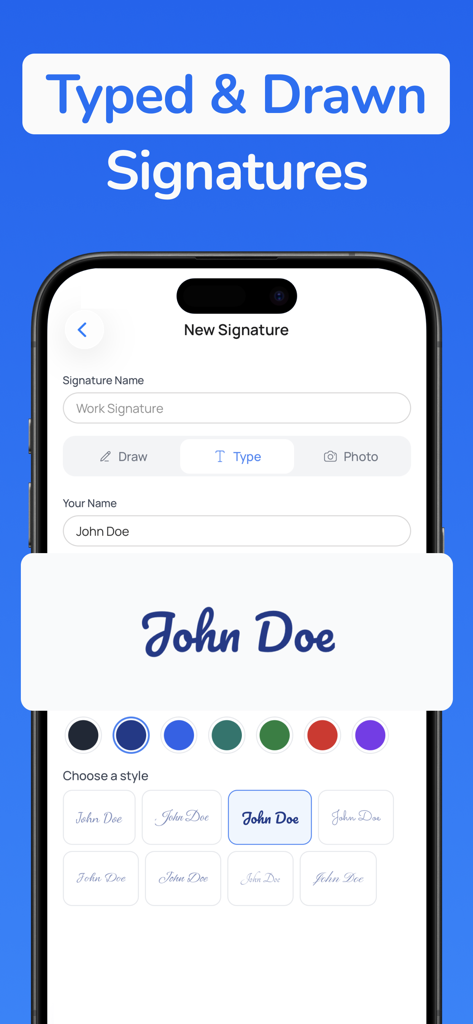 Signature Maker & PDF Signer - Mobile app interface showing various cursive font styles and color options for creating a typed digital signature