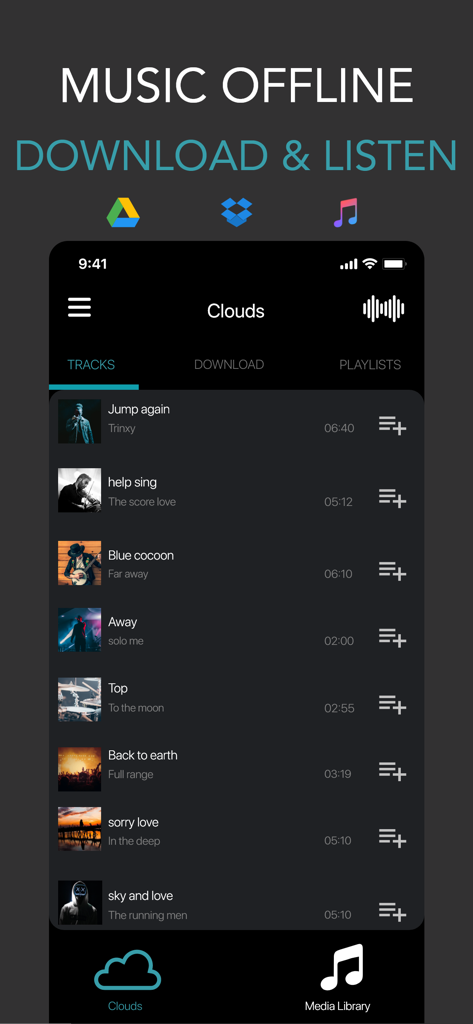 Bass Booster 3D app interface showing offline music download options and cloud integration with Google Drive and Dropbox