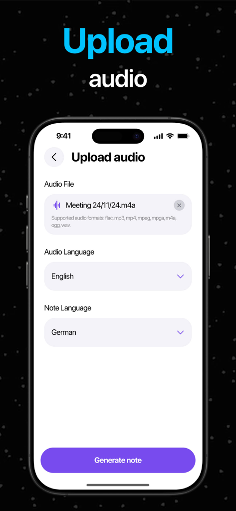 Fathom - AI Note Taker - Oberfläche von Fathom AI Note Taker, die den Bildschirm zum Hochladen von Audio mit Optionen zur Auswahl von Audio- und Notizsprachen für Transkription und Übersetzung zeigt.