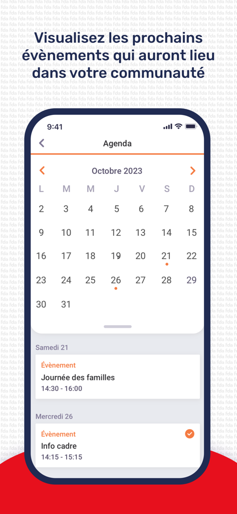 Famille des armées - Interfaz de calendario de la aplicación Famille des armées mostrando eventos comunitarios.