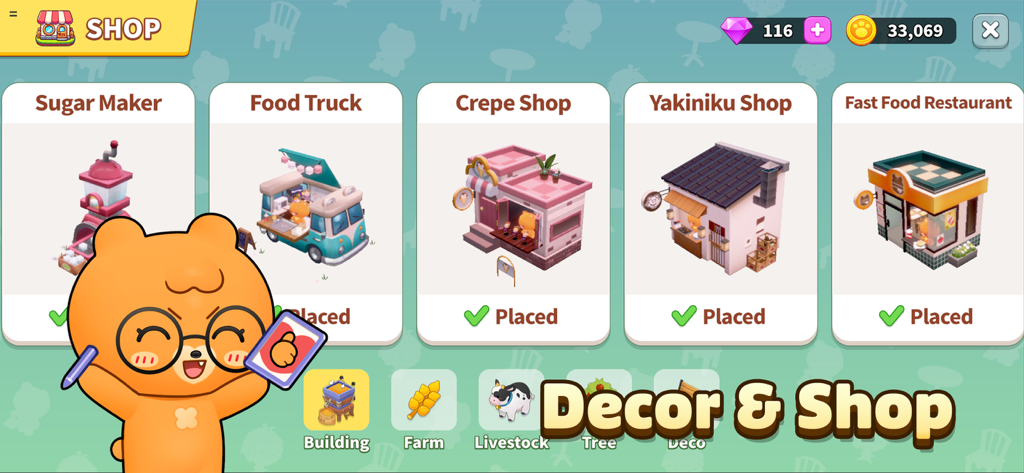 PokeFarm - Cozy farm Game - A shop menu in PokeFarm showing adorable 3D buildings like a crepe shop and food truck for decorating your farm.