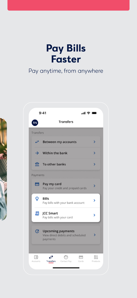 Hellenic Bank app interface showing money transfer and bill payment options