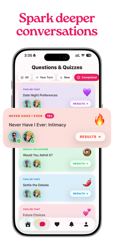 Amora: Couples & Relationship - Amora app screen showing various relationship quizzes like Never Have I Ever and This or That to spark deeper conversations between couples.
